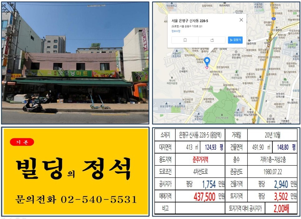  [은평구 대로변 준주거지역 40억 꼬마빌딩 실거래가 조회] 신사동 228-5 (응암역) 43억 7,500만 원, 평당 3,502만 원 매매되었습니다.