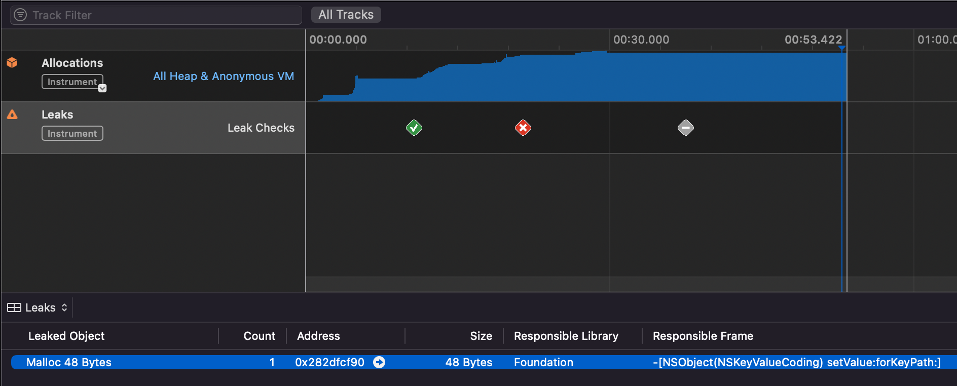 Xcode Profile Leaks 표시 및 상세정보