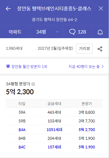 평택 브레인시티 중흥S-클래스 아파트-가격정보