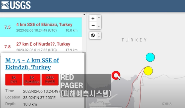 터키-튀르키예-대지진-USGS-PAGER-피해예측시스템-레벨-RED-등급-모습