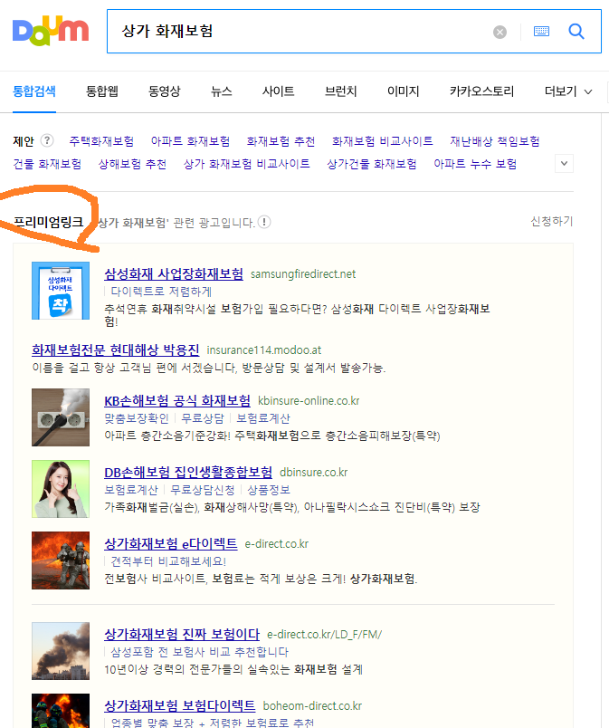 상가화재보험을 다음에서 검색하면 광고가 많이 나옴