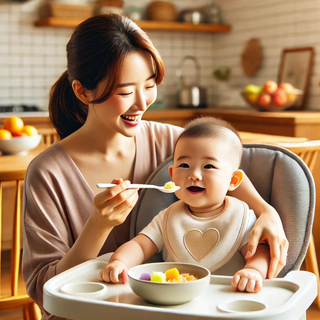 아이에게 이유식을 먹이는 엄마의 모습