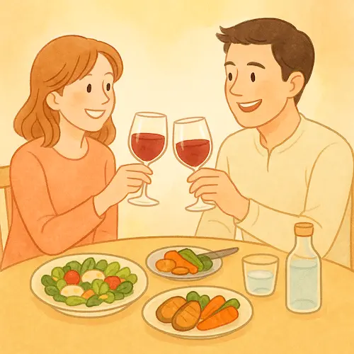 술자리에서 음식을 조절하는 남녀 이미지