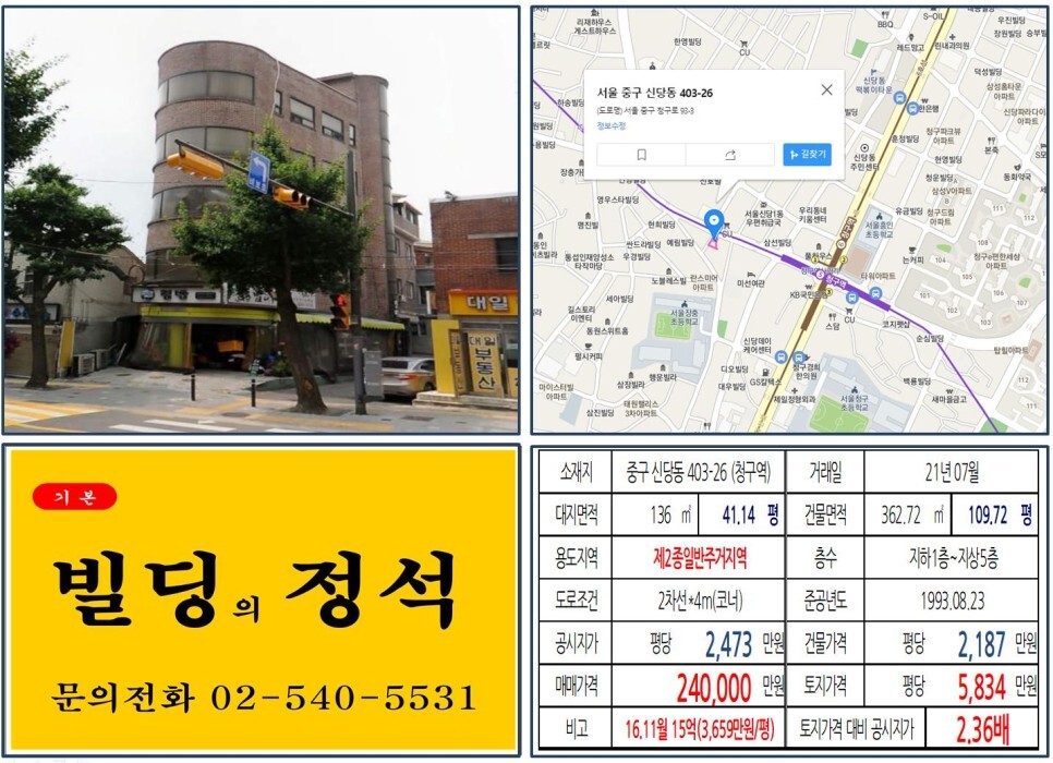  [중구 청구역 역세권 코너 20억 꼬마빌딩 실거래가 조회] 신당동 403-26 (청구역) 24억 원, 평당 5,834만 원 매매되었습니다.
