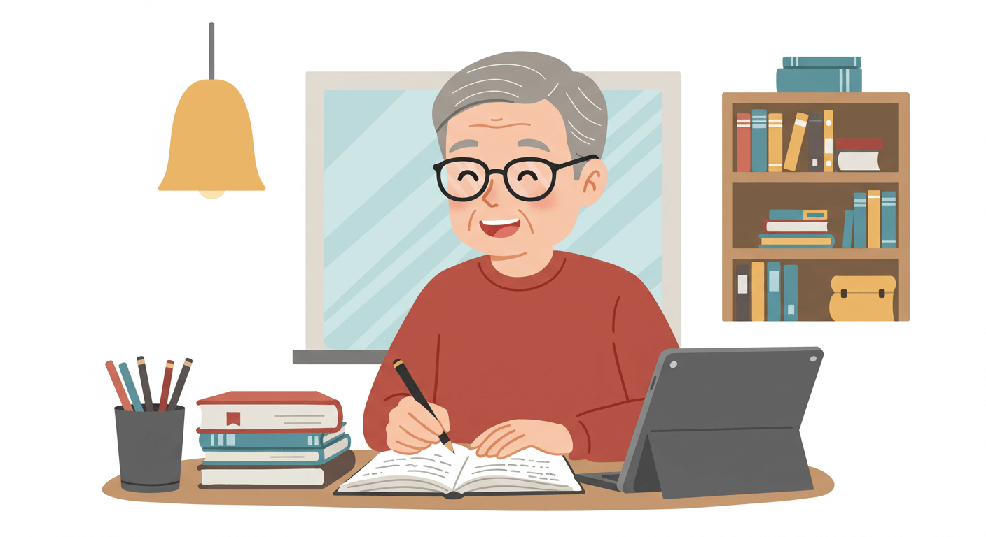 책상에 앉아 자격증 시험을 준비하는 60대 시니어의 밝고 활기찬 공부 장면