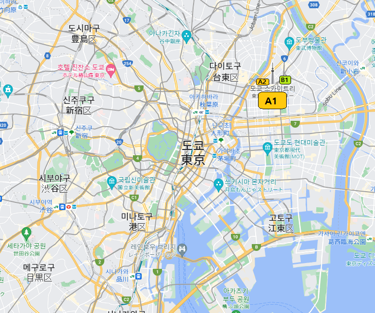 도쿄 스카이트리(오시아게) 주변 차 없이 살기 매우 편리한 지역 (지도)