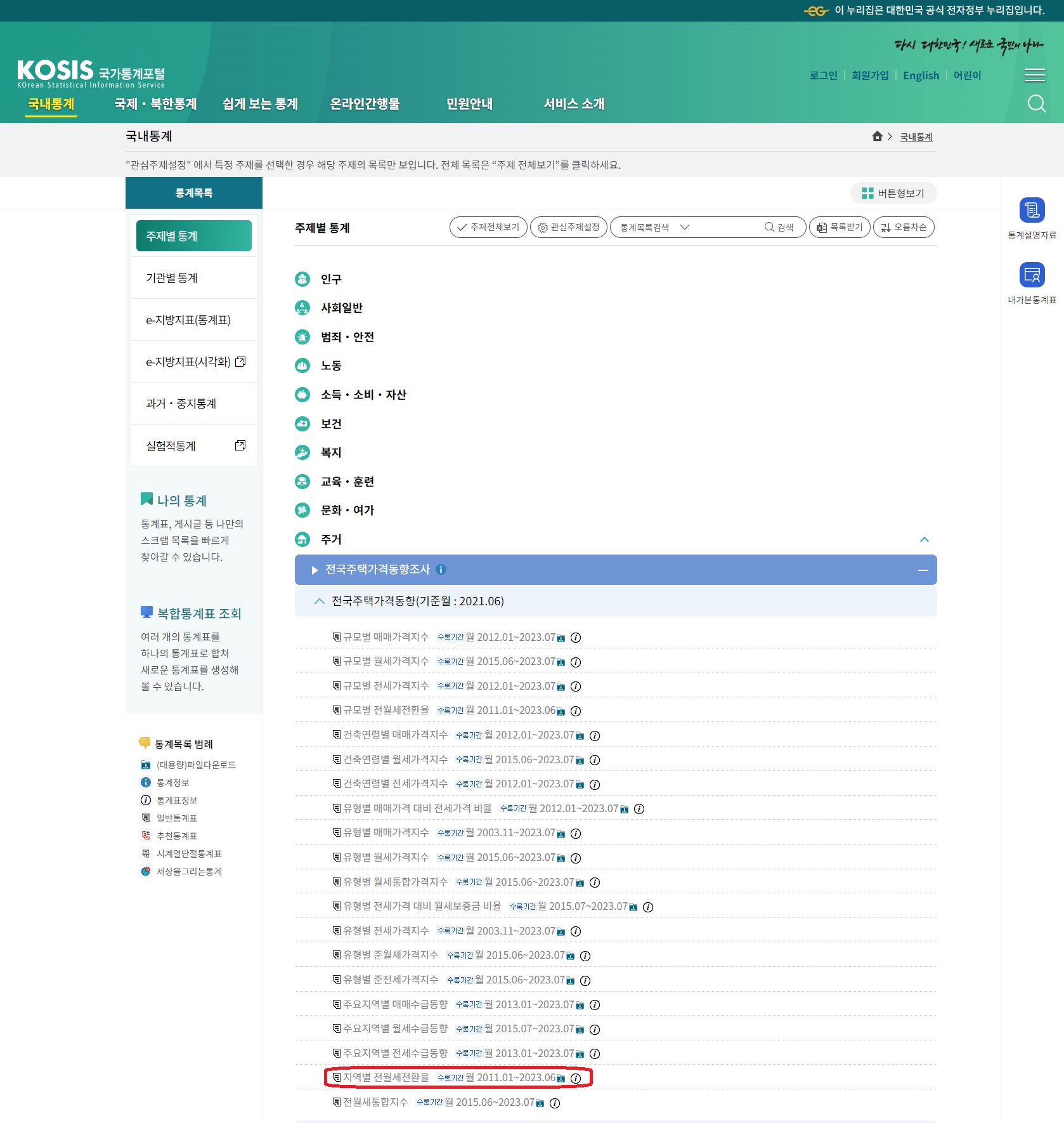 KOSIS국가통계포털 조회화면