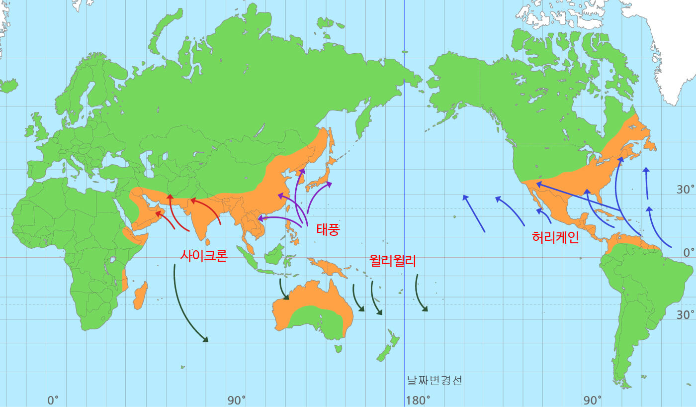 태풍-허리케인-사이클론-윌리윌리이 발생 지점과 이동경로가 표시된 세계지도