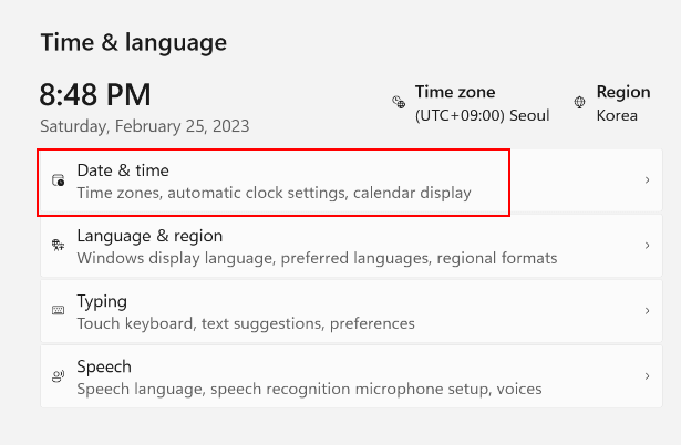 Windows 11 setting time & language 설정