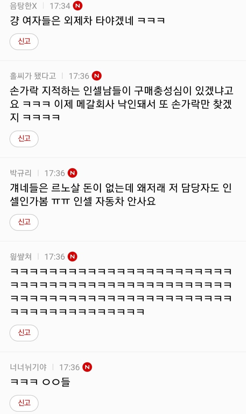 걍 여자들은 외제차 타야겠네 ㅋㅋㅋ
신고
홀씨가 됐다고 ❘ 17:36
손가락 지적하는 인셀남들이 구매충성심이 있겠냐고 요 ㅋㅋㅋ 이제 메갈회사 낙인돼서 또 손가락만 찾겠
신고
박규리 ❘
17:36 N
걔네들은 르노살 돈이 없는데 왜저래 저 담당자도 인 셀인가봄 ㅠㅠ 인셀 자동차 안사요
신고
잎샾쳐 ❘ 17:36 N
신고
너너뉘기야 17:36 N
ㅋㅋㅋ ㅇㅇ들
신고