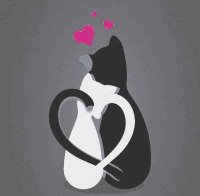 하얀 고양이와 검은 고양이가 서로 기대고 있는데 머리 위에 핑크 하트가 있는 그림 일러스트