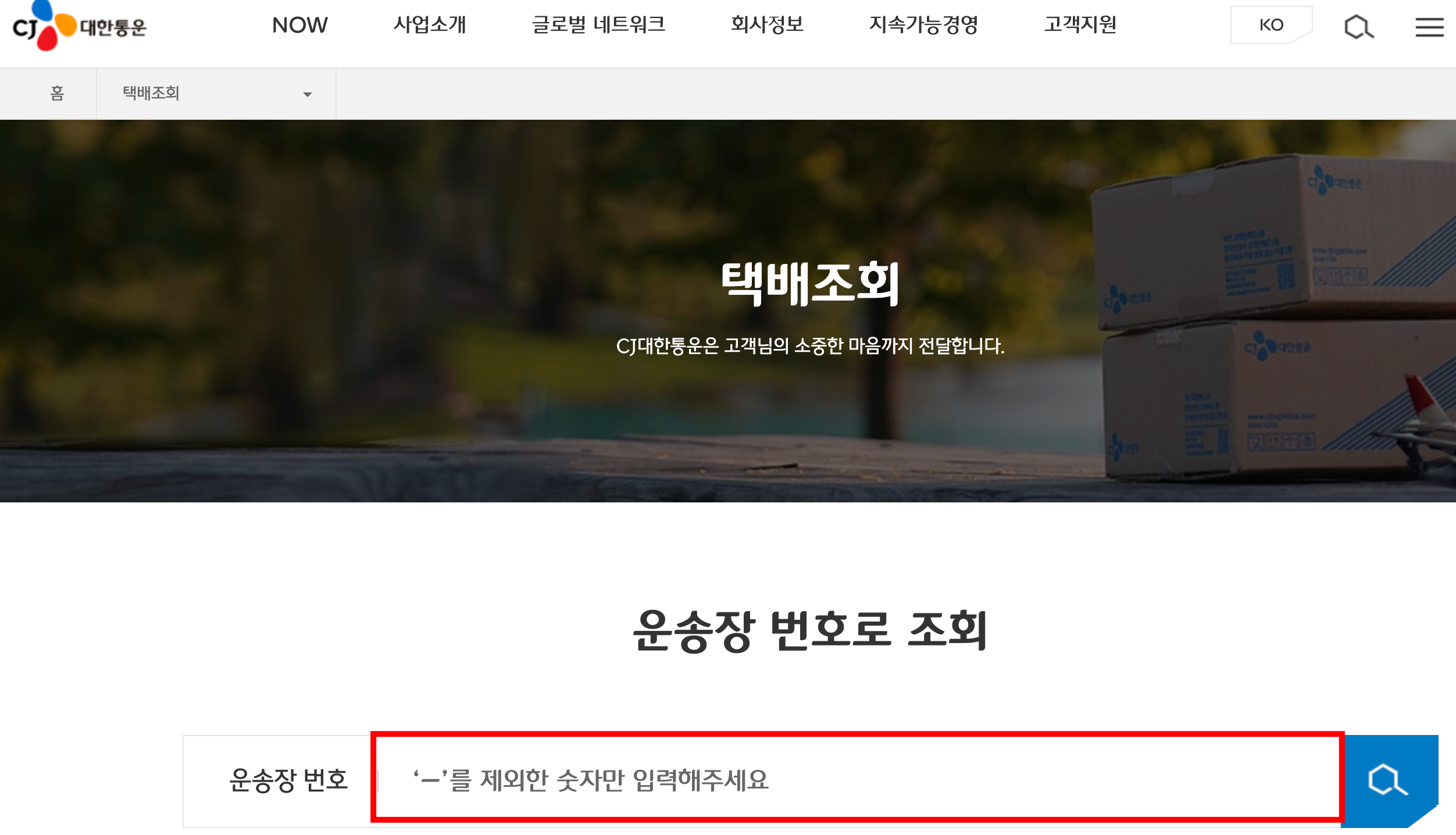 대한통운홈페이지-택배조회-화면