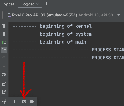 안드로이드 스튜디오 Logcat 창 사이드 메뉴 중 스크린샷 메뉴