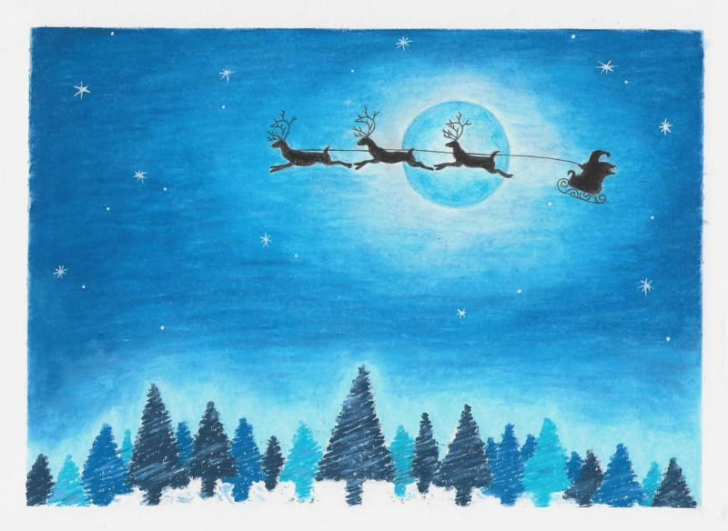 별이 반짝이는 밤하늘에 사슴들이 끄는 썰매를 타고 날아가는 산타 그림 완성작