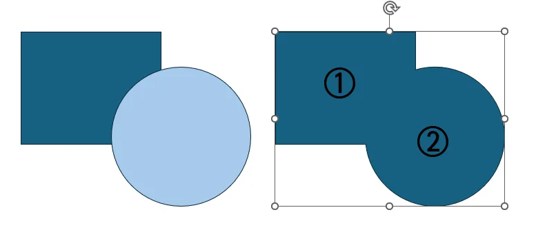 ppt에서 두 도형을 통합하는 모습에서 도형 선택의 순서를 표시한 모습