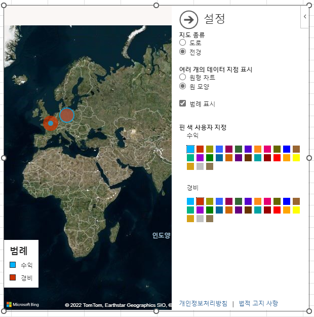 지도 종류로 전경 선택, 데이터 지점표시로 원 모양 선택 시 화면