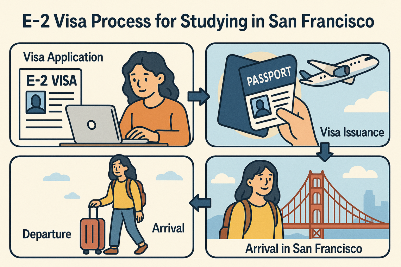 Infographic showing the E-2 visa process for students traveling to San Francisco, from application to arrival