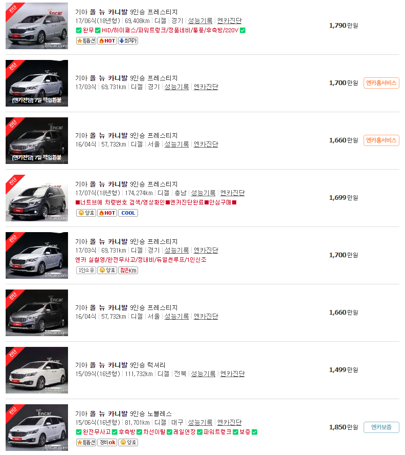 2014~2018년식 올 뉴 카니발 9인승 중고차 가격