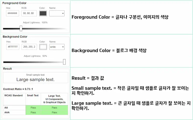 구글 페이지 스피드 인사이트 접근성 개선-'색상 대비 분석기' 설명 사진