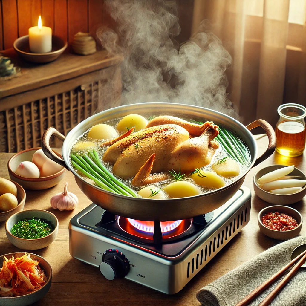 &quot;A pot of Korean Dakhanmari (whole chicken soup) with chicken, potatoes, green onions, and garlic cloves simmering in a clear broth on a gas stove, surrounded by dipping sauces and side dishes.&quot;