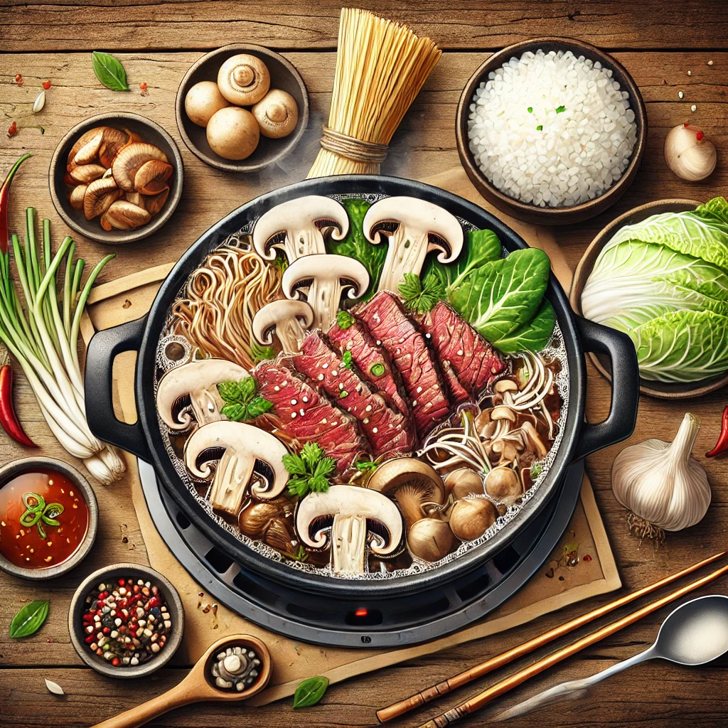 소고기와 다양한 버섯, 당면을 깊은 육수에 끓여낸 전통 한국식 전골 요리, 검은 냄비에 담긴 따뜻한 한 끼 메뉴