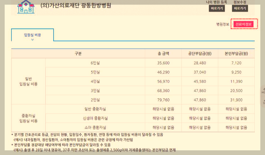 검색된 병원의 진료비 정보 화면