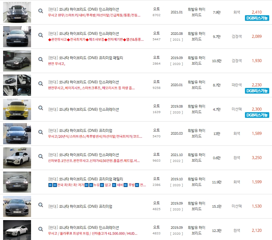 쏘나타 DN8 하이브리드 중고차 가격은 최저가 1&#44;350만원 부터 ~ 최고가 3&#44;550만원