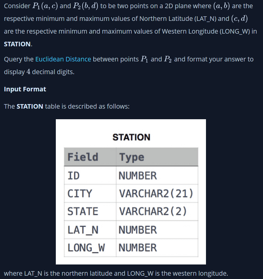 HackerRank(해커랭크)-MySQL-Weather-Observation-Station-19-문제-샘플-설명