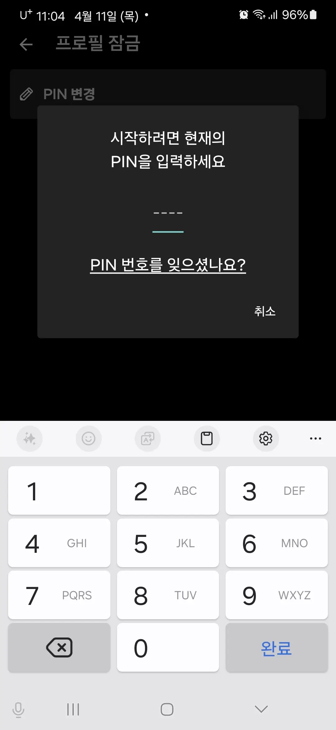 현재 PIN 번호 입력