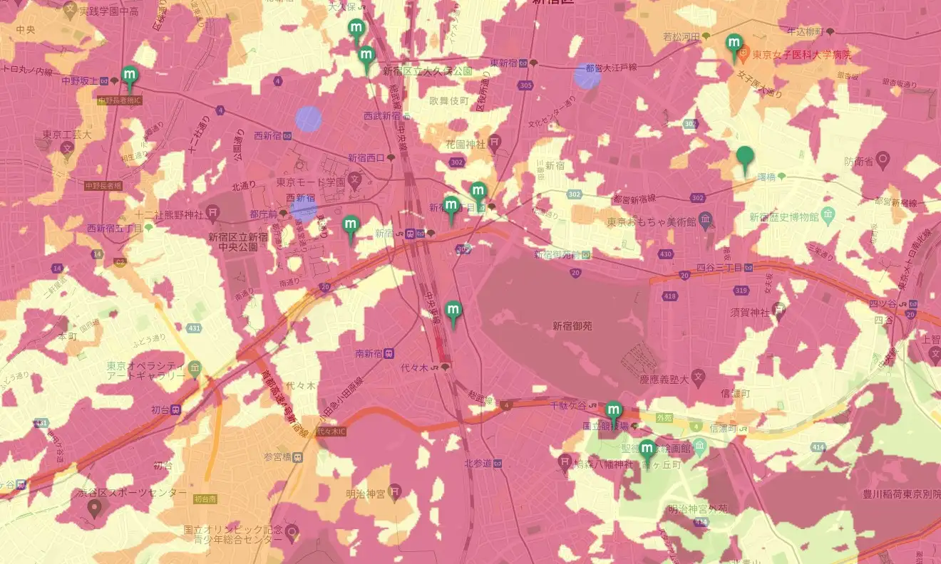 신주쿠 근처의 5G 커버리지 지도