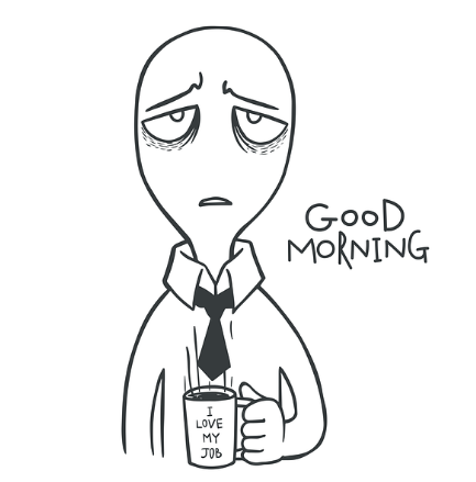 아침에 내 일을 좋아한다는 커피 잔을 들고 인사를 하는데 힘이 없는 사람을 표현한 그림