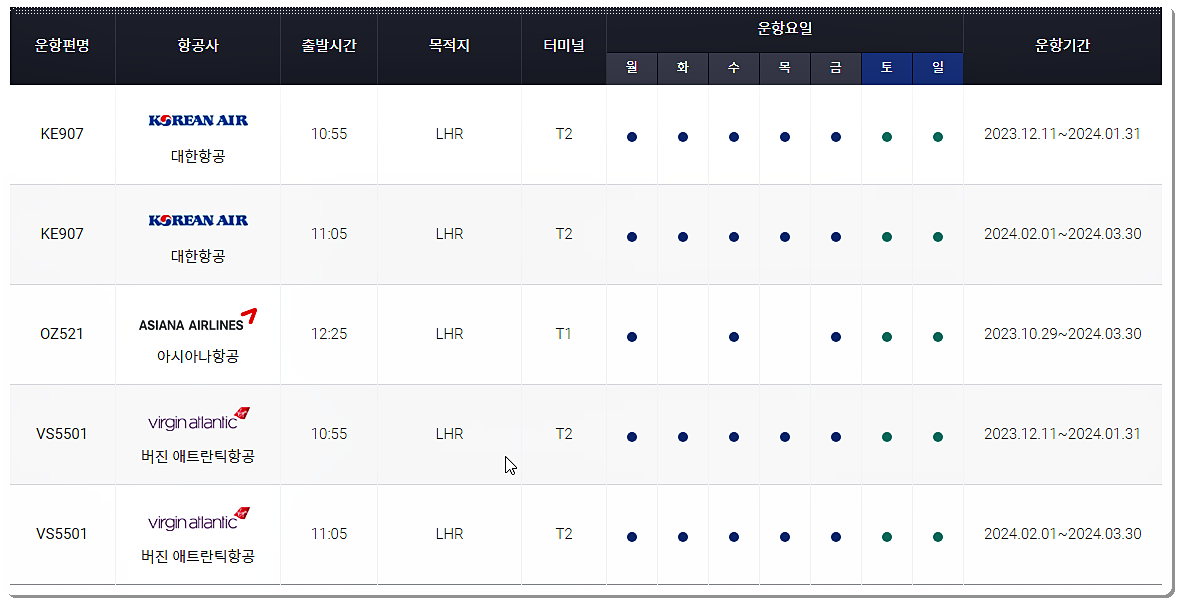 비행기 시간표