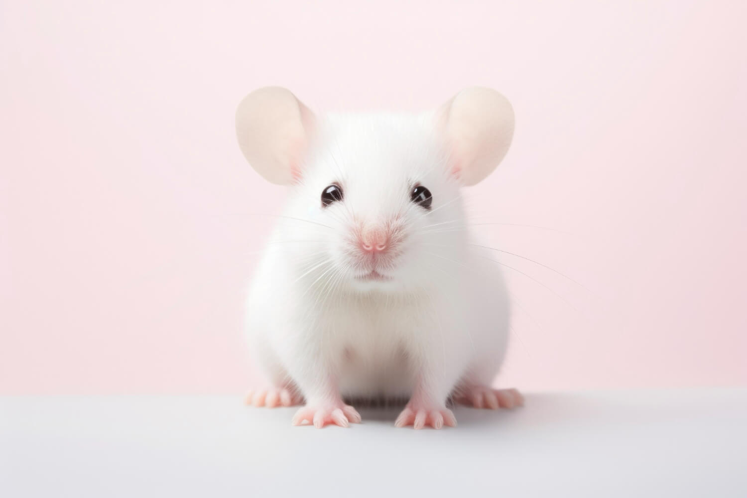 하얀 바닥 위 분홍색 배경에 하얀색 쥐가 웅크리고 앉아있다.