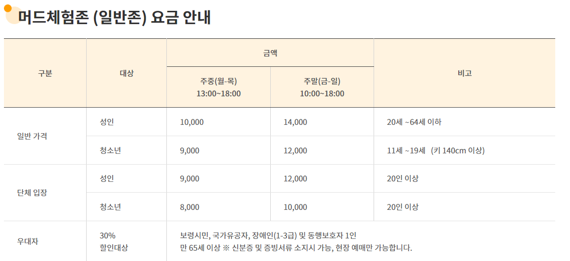 머드체험존 요금