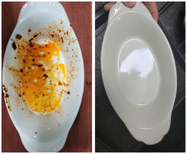 프로쉬 그린레몬으로 설거지 하기 전 후의 구운 김치 담은 접시로 설거지 후 접시는 기름기 없이 깨끗하게 설거지가 되었다