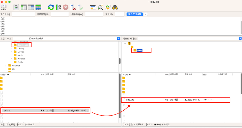 ads.txt 파일을 Filezilla에 업로드합니다.