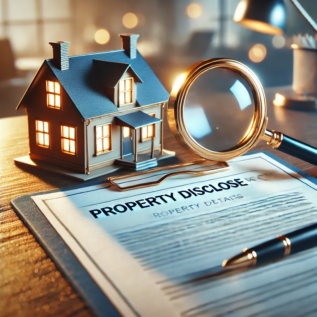 재산명시 절차를 상징하는 돋보기와 'Property Details' 문서, 집 모형, 펜이 놓인 책상 이미지.
