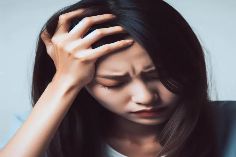 두통과 스트레스를 겪는 여성을 표현한 건강 경고 이미지입니다.