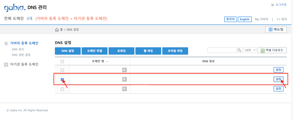 DNS 설정을 입력하고 하위 도메인을 만들 기본 도메인을 선택한 후,  '설정'  버튼을 클릭해주세요.