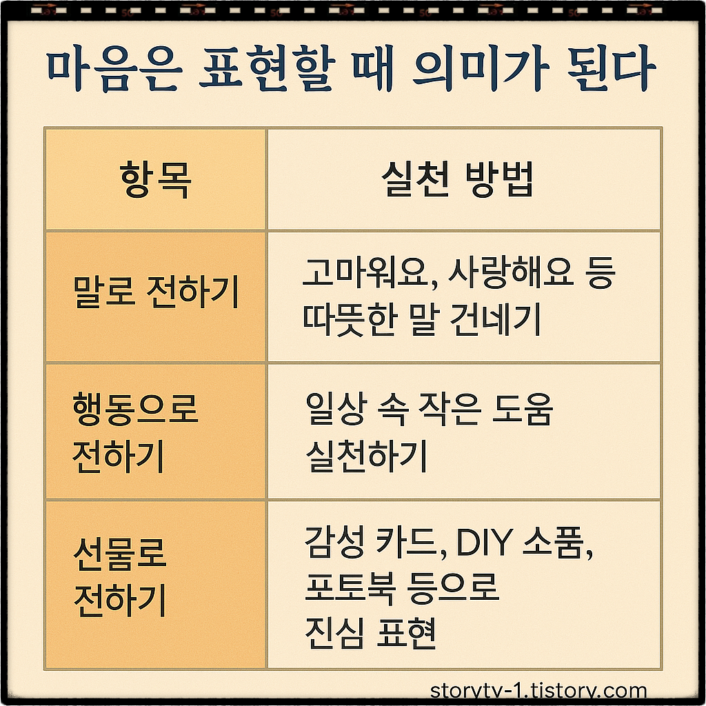 말, 행동, 선물로 마음을 전하는 실천 방법을 정리한 표 이미지