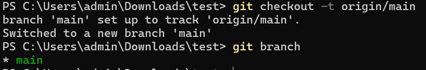 git checkout -t origin/main 명령어후 git branch를 확인하는 이미지