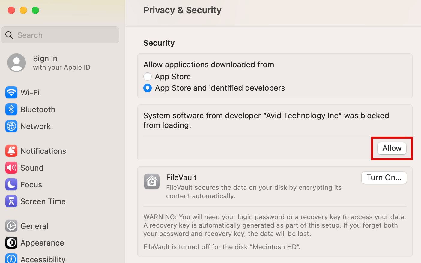 Avid 소프트웨어 시스템 사용 허용
