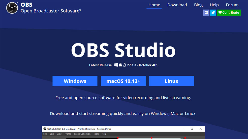 OBS studio 홈페이지 메인 화면