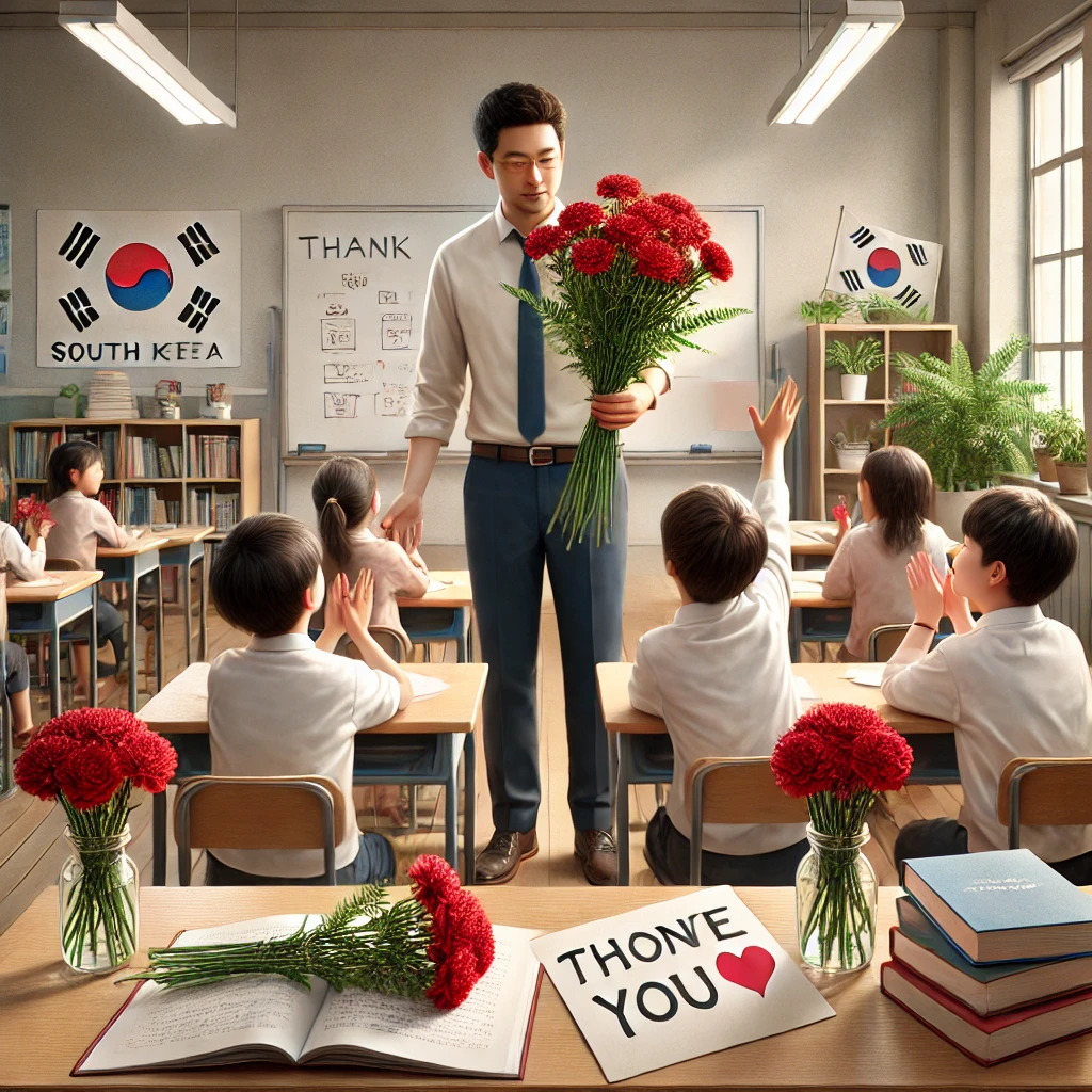현대 교실에서 학생들이 선생님에게 카네이션과 감사 편지를 전달하는 장면