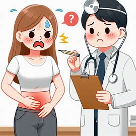 여성이 배가 아파서 배를 손으로 만지며 찡그리고 있고 그 옆으로 의사가 체온을 재려 하고 있는 만화 그림