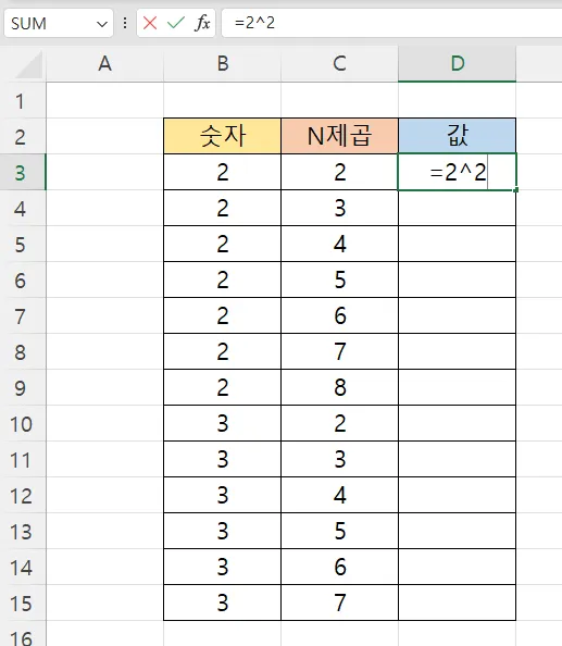 엑셀에서 ^ 표시로 제곱 구하기