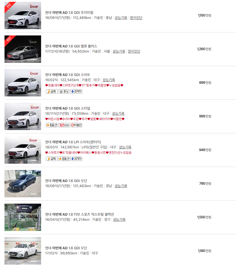 아반떼 AD(15~18년식) 중고차 가격