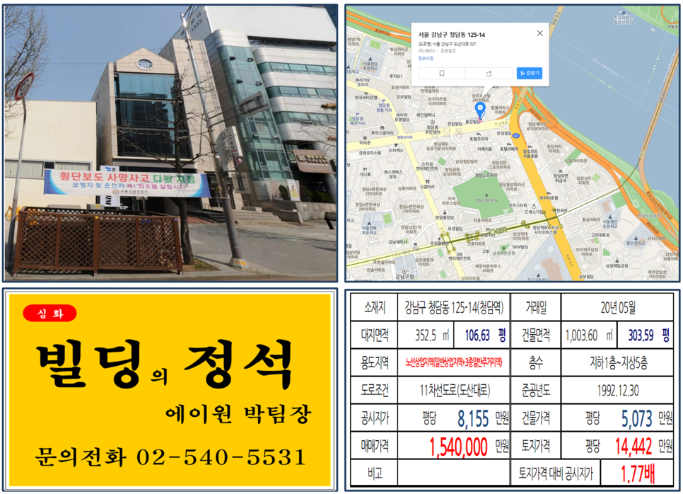  [강남구 도산대로 상업지역 빌딩 실거래가 조회] 청담동 125-14 (청담역) 154억 원, 평당 14,442만 원, 영동대교남단, 상지리츠빌, 빌폴라리스아파트, 도산대로 빌딩