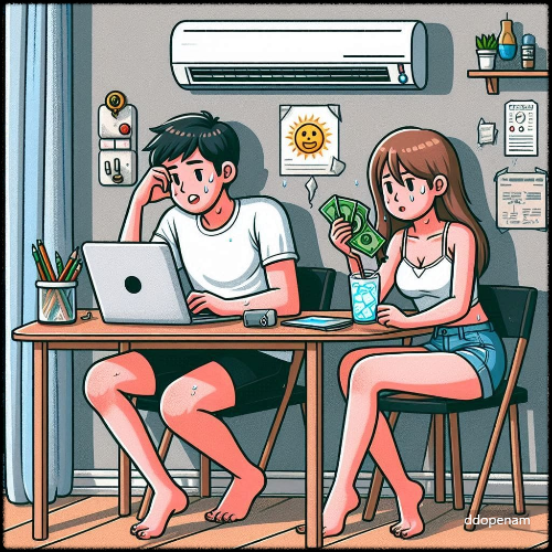 신혼부부가 돈을 모으는 방법 초보도 가능한 부자되기 지름길 3단계 - 에어컨이 있는 작은방에 부바가 테이블앞에 앉아서 랩탑을 보고 있는 모습의 생성형이미지