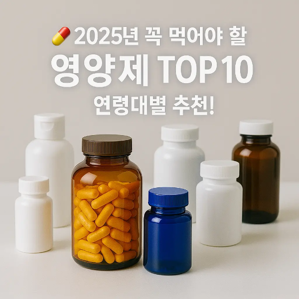 다양한 영양제 병들이 배열된 스튜디오컷과 “2025년 꼭 먹어야 할 영양제 TOP 10 연령대별 추천!” 텍스트 이미지